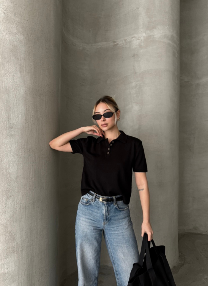 SİYAH POLO YAKA İNCE KAZAK