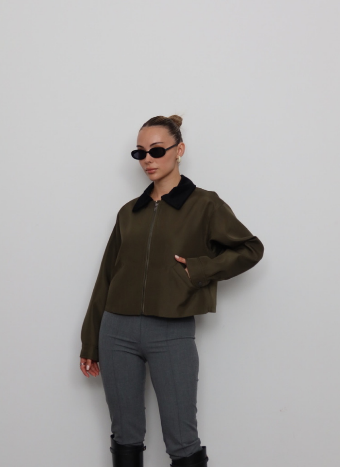 HAKİ KADİFE YAKALI BONDİT CEKET