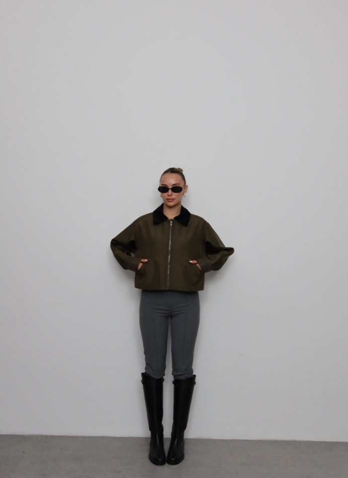 HAKİ KADİFE YAKALI BONDİT CEKET