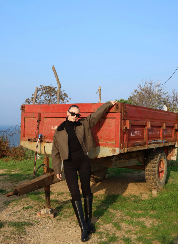 HAKİ KADİFE YAKALI BONDİT CEKET