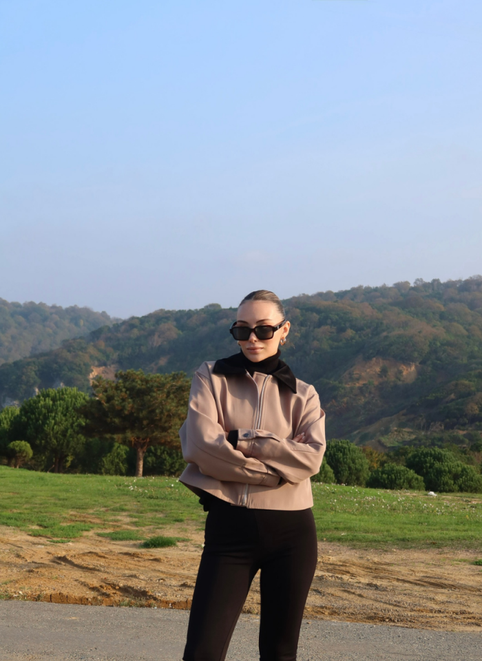 BEJ KADİFE YAKALI BONDİT CEKET