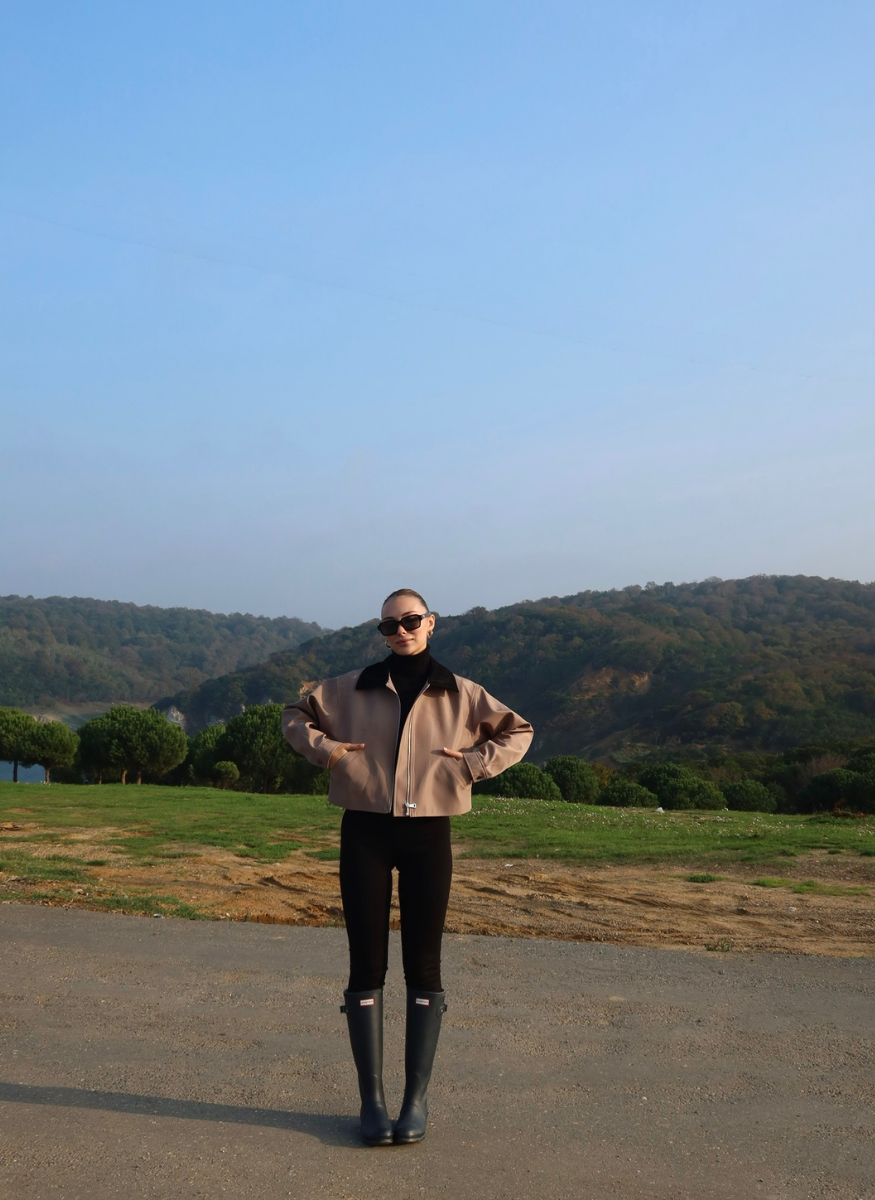 BEJ KADİFE YAKALI BONDİT CEKET