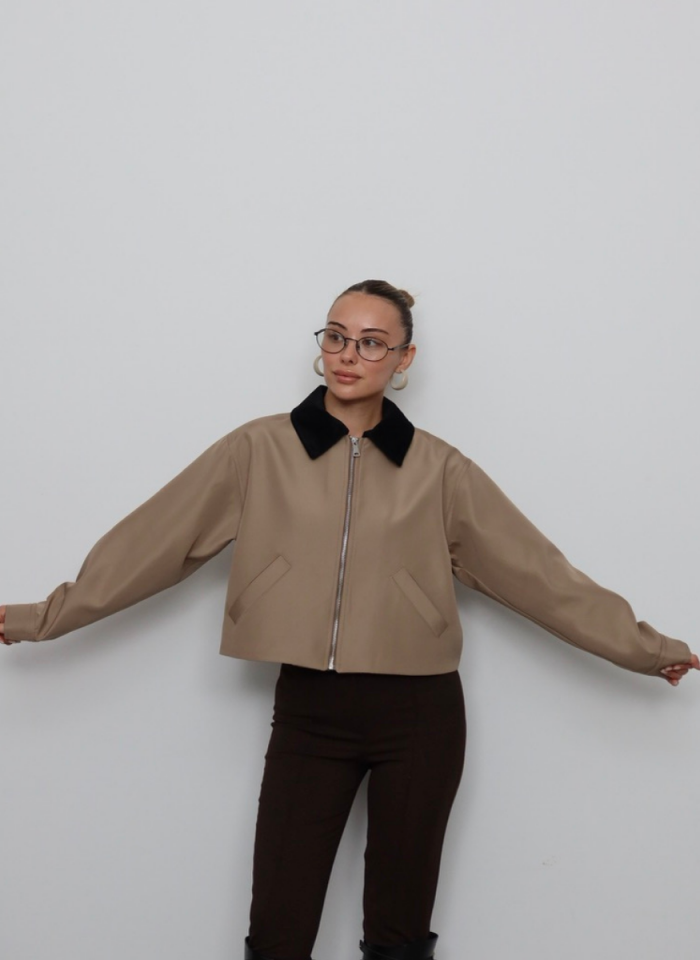 BEJ KADİFE YAKALI BONDİT CEKET