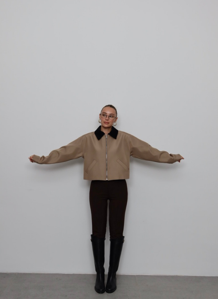 BEJ KADİFE YAKALI BONDİT CEKET