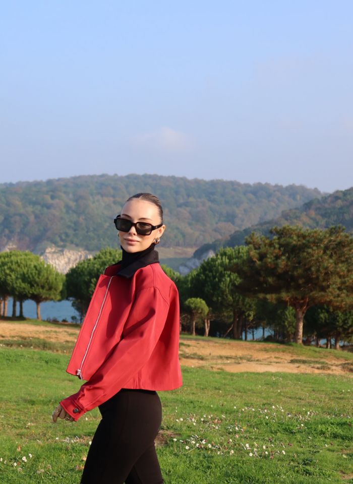 KIRMIZI KADİFE YAKALI BONDİT CEKET