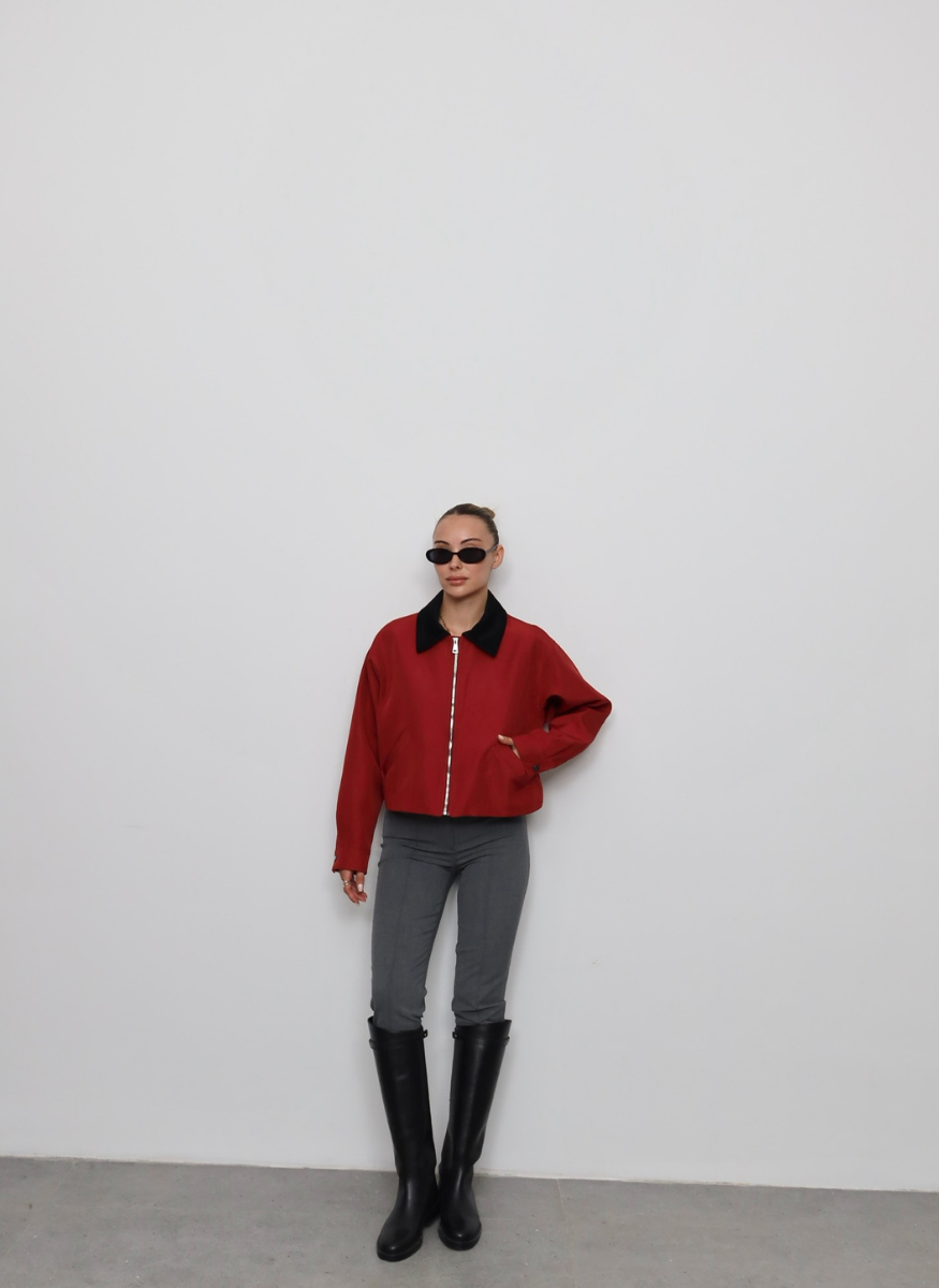 KIRMIZI KADİFE YAKALI BONDİT CEKET