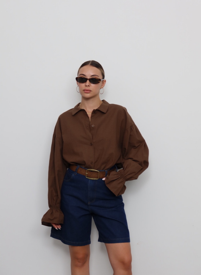 KAHVE KOLU BÜZGÜLÜ GÖMLEK