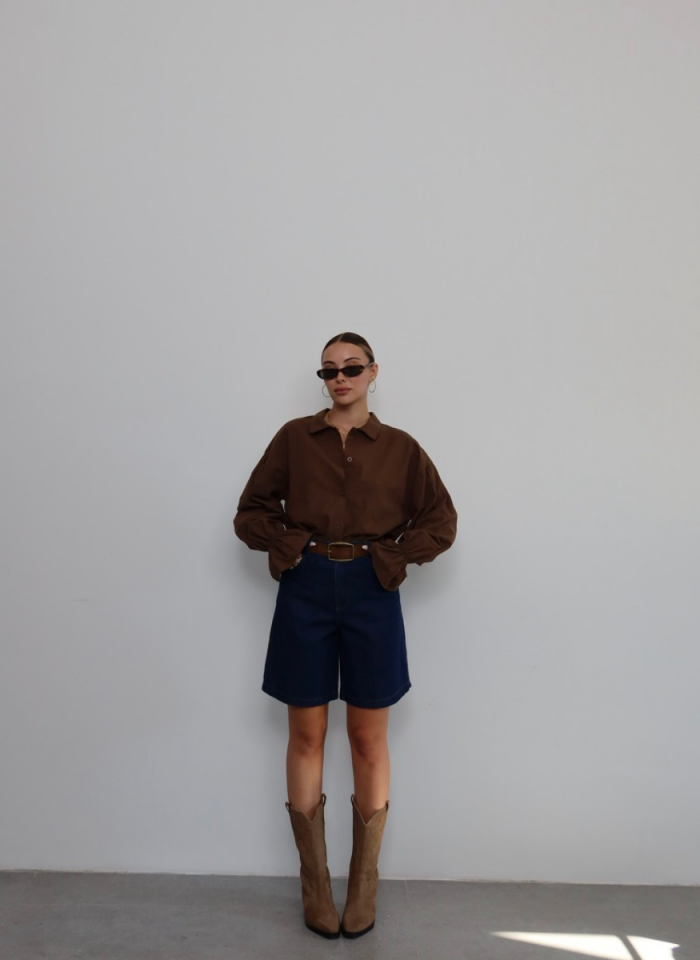 KAHVE KOLU BÜZGÜLÜ GÖMLEK