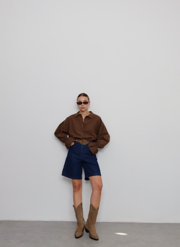 KAHVE KOLU BÜZGÜLÜ GÖMLEK