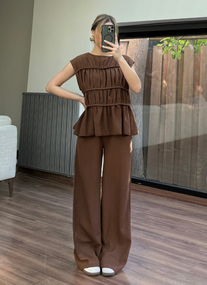 KAHVE BİYELİ KETEN TAKIM