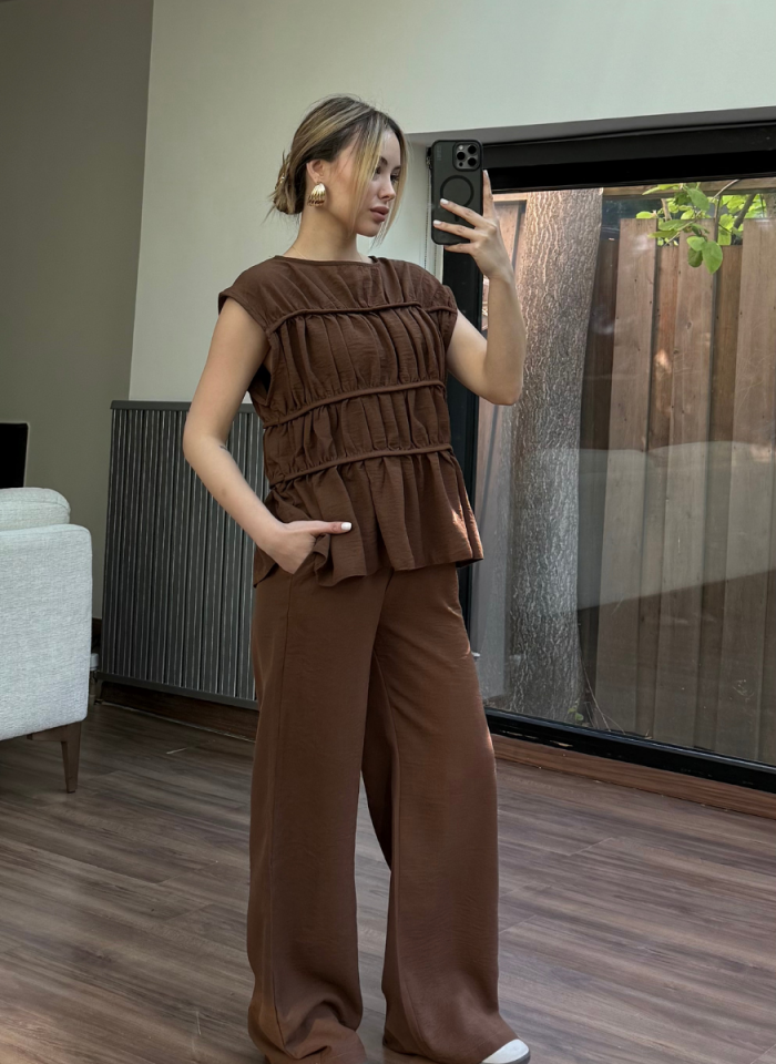 KAHVE BİYELİ KETEN TAKIM