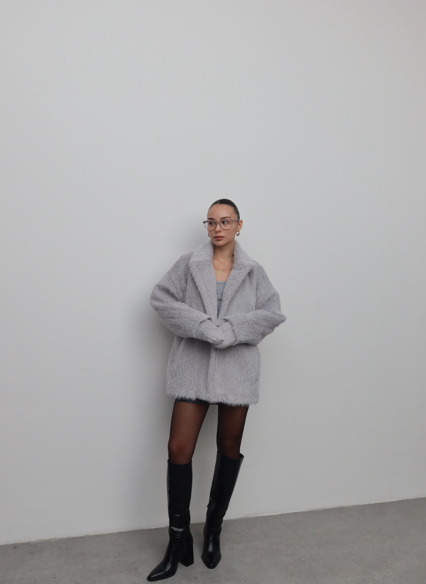 GRİ KAŞE ELDİVEN DETAYLI KABAN