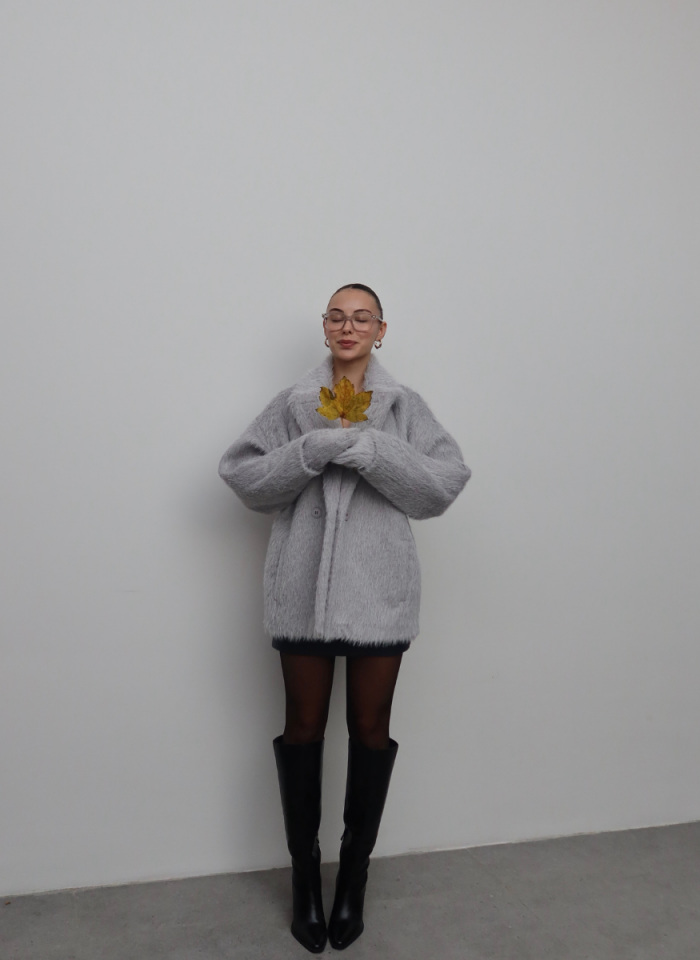 GRİ KAŞE ELDİVEN DETAYLI KABAN