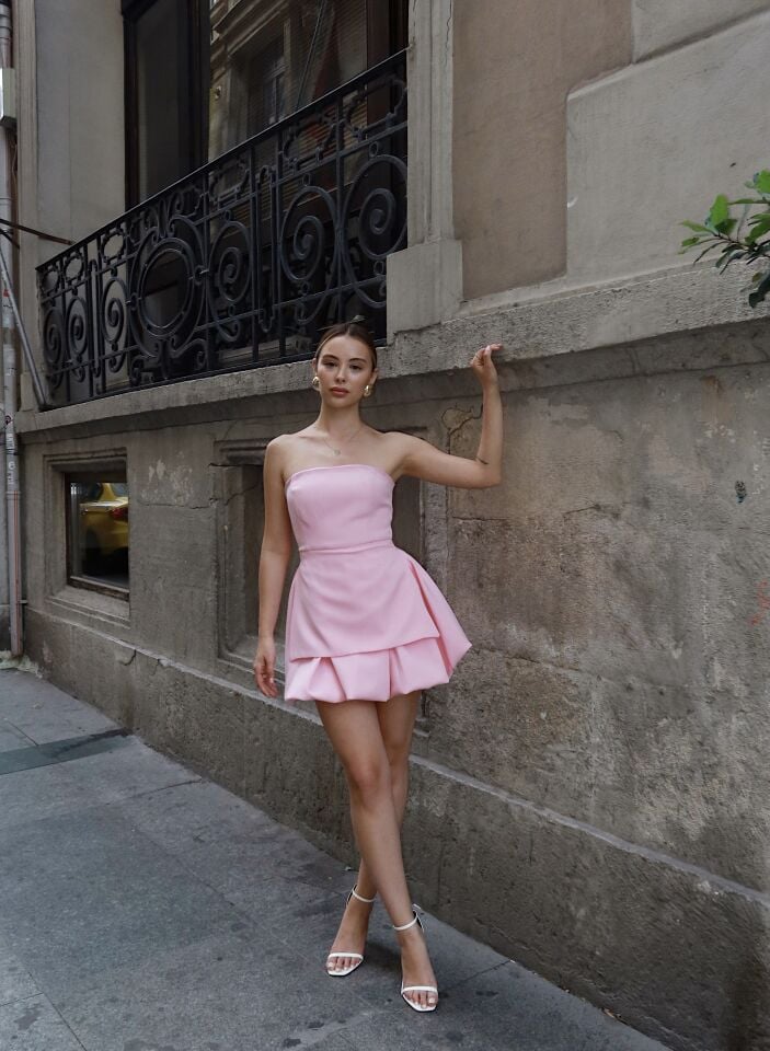 PEMBE STRAPLEZ BALON ELBİSE