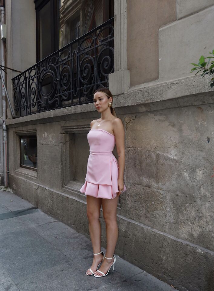 PEMBE STRAPLEZ BALON ELBİSE