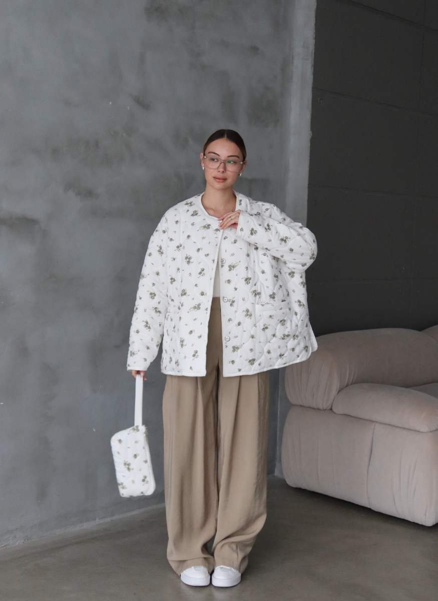 HAKİ ÇİÇEKLİ OVERSİZE KAPİTONE CEKET