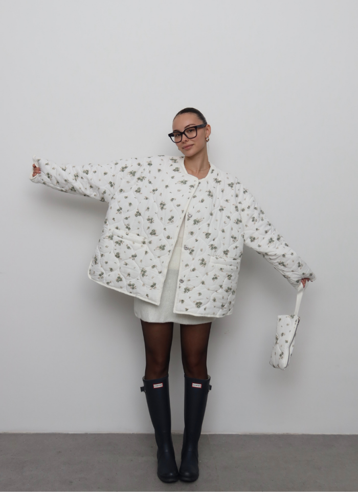 HAKİ ÇİÇEKLİ OVERSİZE KAPİTONE CEKET