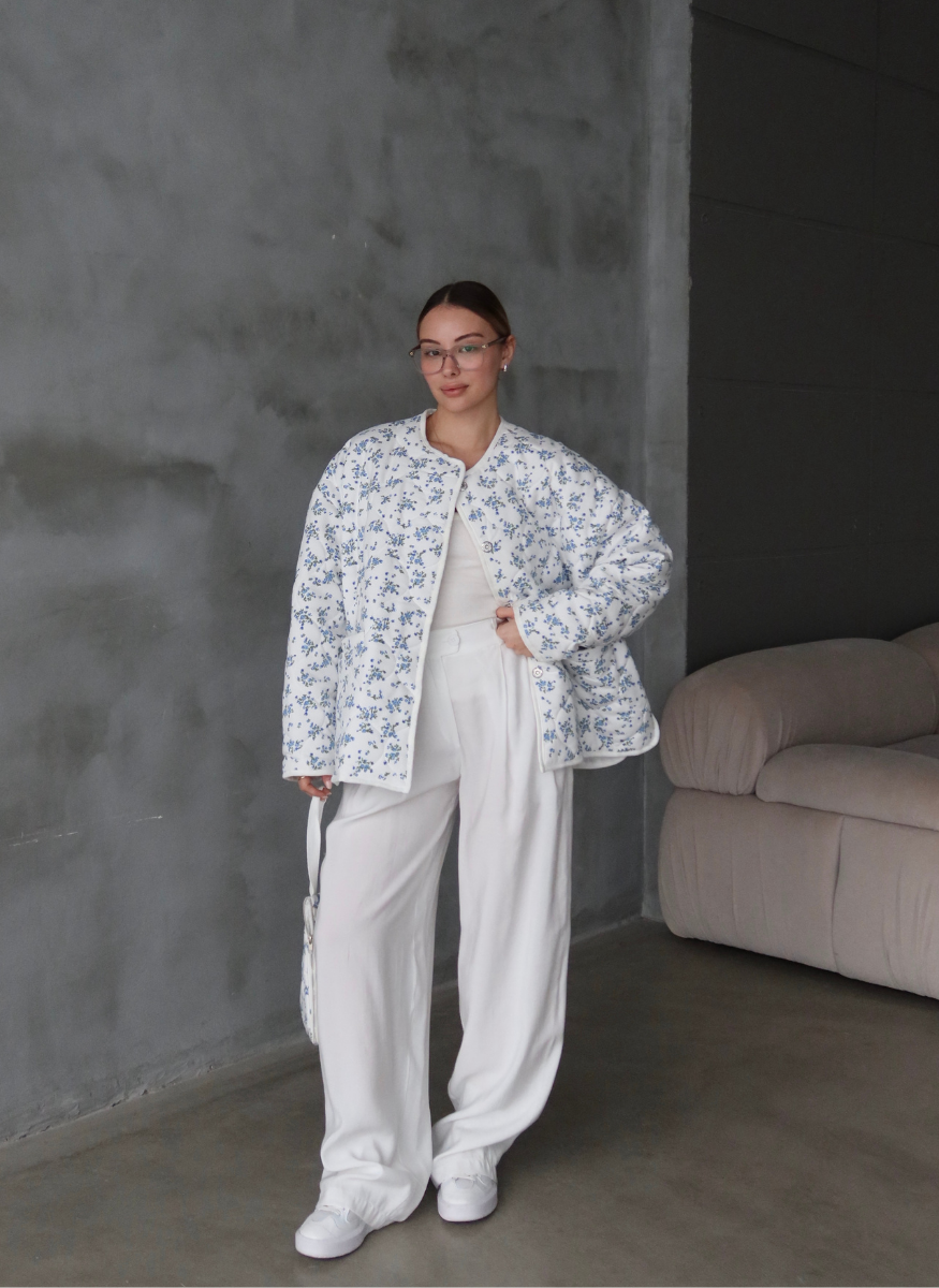 MAVİ ÇİÇEKLİ OVERSİZE KAPİTONE CEKET