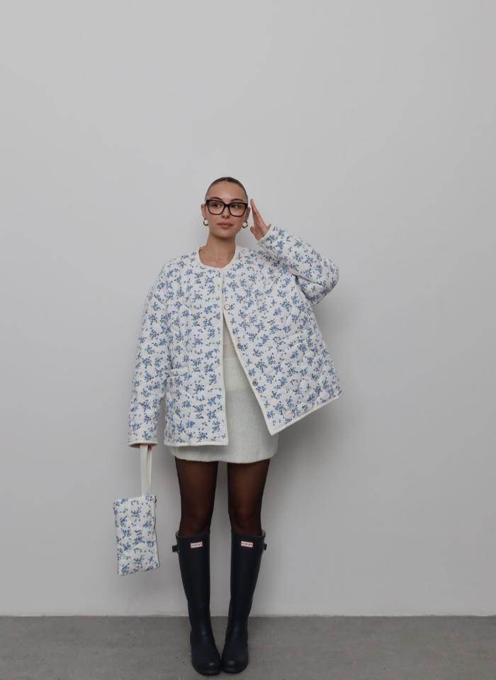 MAVİ ÇİÇEKLİ OVERSİZE KAPİTONE CEKET