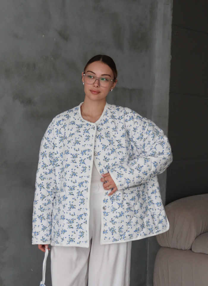 MAVİ ÇİÇEKLİ OVERSİZE KAPİTONE CEKET