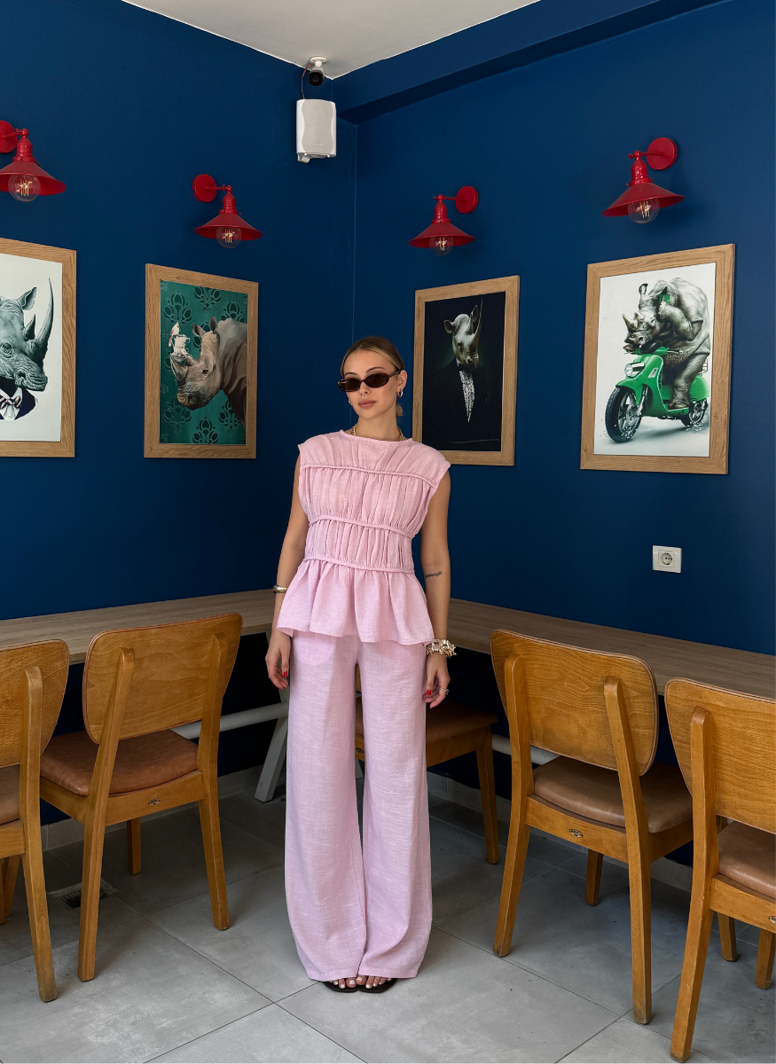 PEMBE BİYELİ  KETEN TAKIM