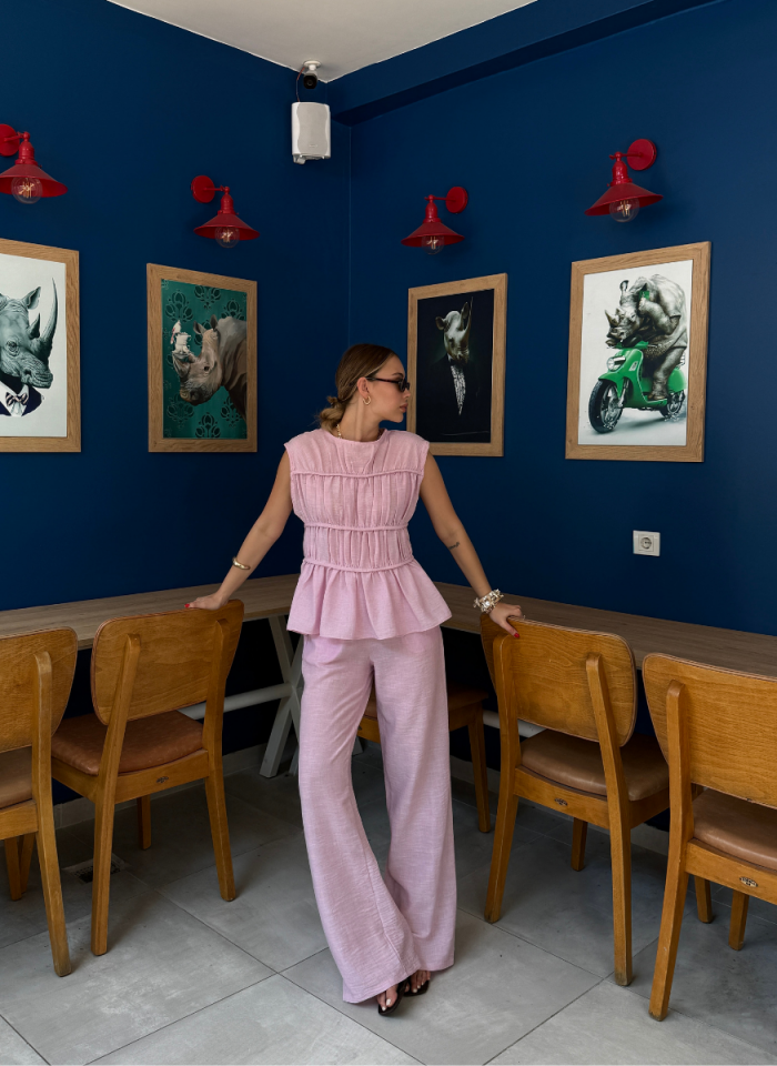 PEMBE BİYELİ  KETEN TAKIM