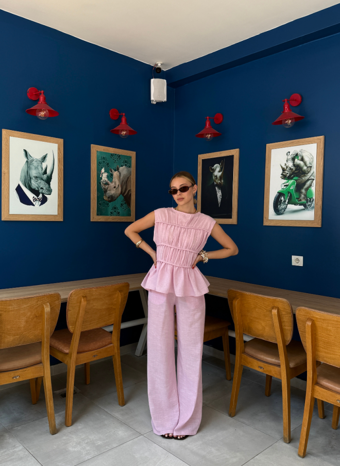 PEMBE BİYELİ  KETEN TAKIM