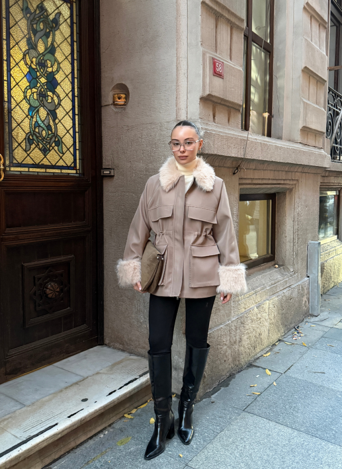 BELİ AYARLANABİLİR SUNİ KÜRK DETAYLI VİZON BONDİT CEKET