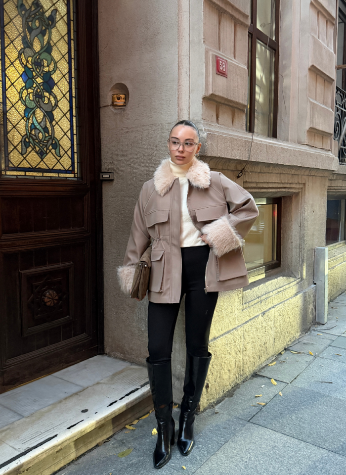 BELİ AYARLANABİLİR SUNİ KÜRK DETAYLI VİZON BONDİT CEKET