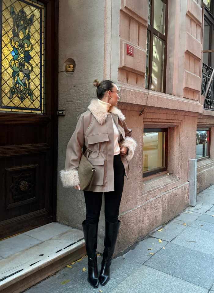 BELİ AYARLANABİLİR SUNİ KÜRK DETAYLI VİZON BONDİT CEKET