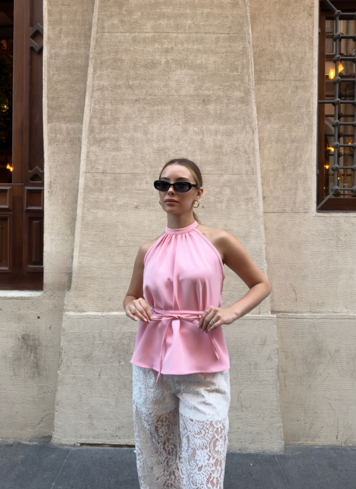 HALTER YAKALI BELİ BAĞLAMALI BLUZ