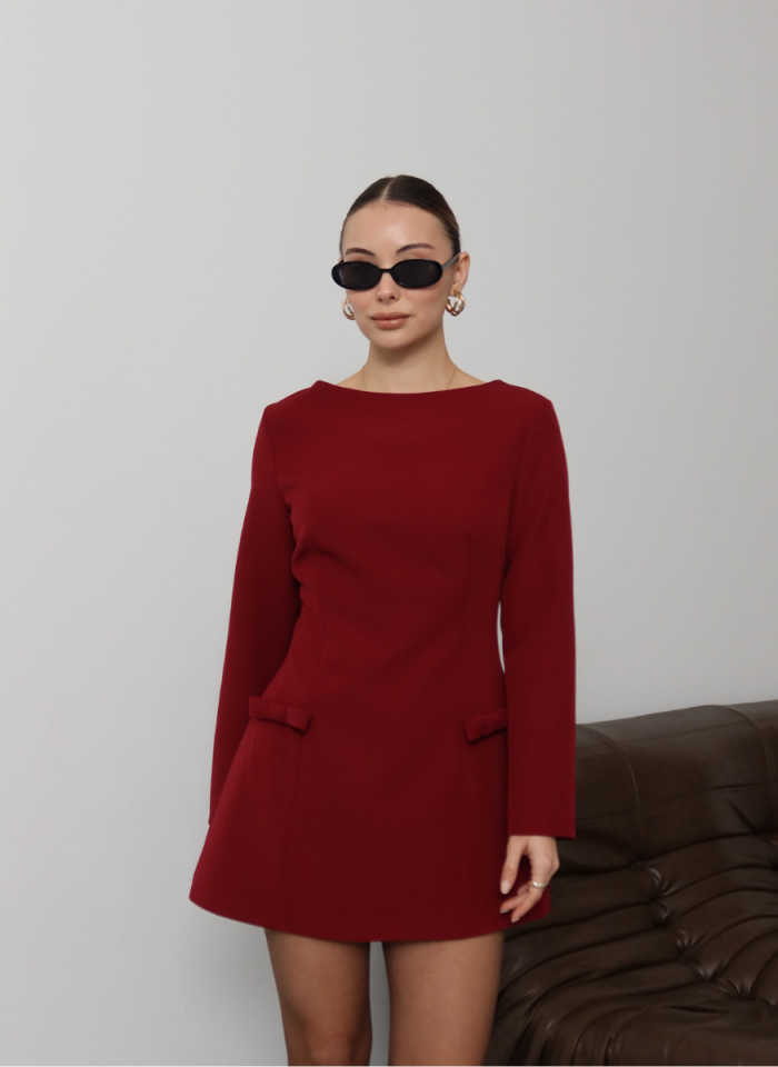 FİYONK DETAYLI BORDO ELBİSE