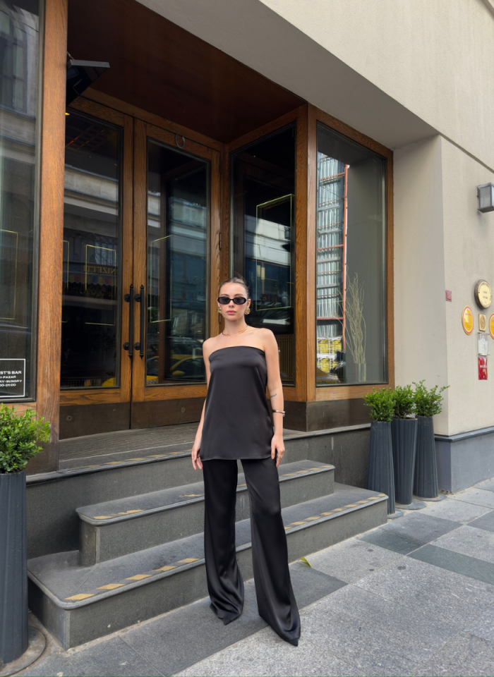 SİYAH SATEN STRAPLEZ TAKIM