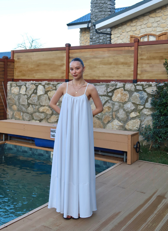 EKRU ÇİZGİLİ ASKILI ELBİSE