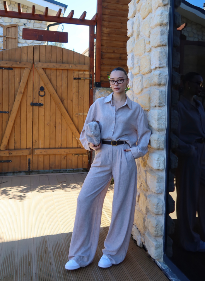 BEJ GÖMLEK PİLELİ PANTOLON TAKIM