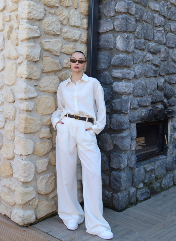 EKRU GÖMLEK PİLELİ PANTOLON TAKIM