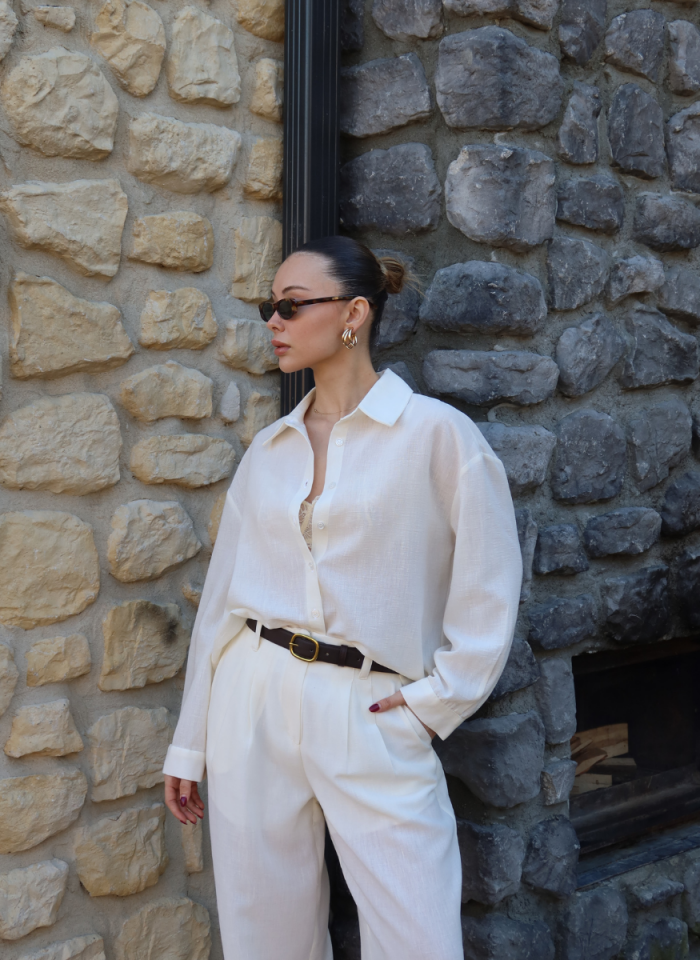 EKRU GÖMLEK PİLELİ PANTOLON TAKIM