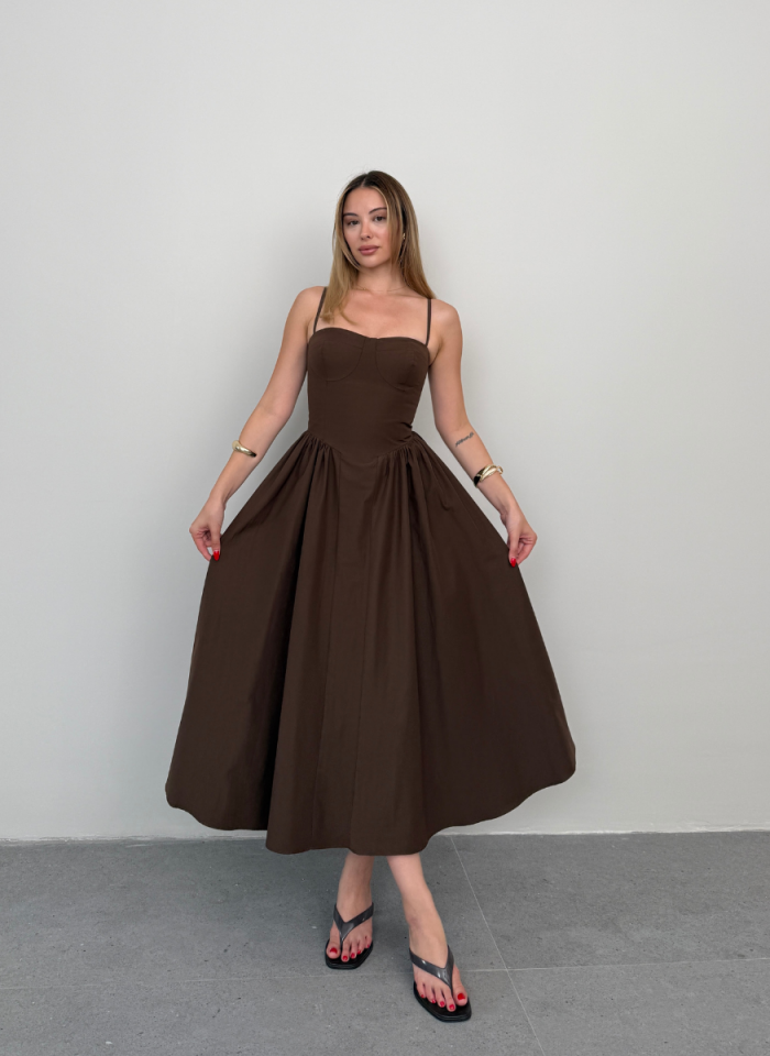 KAHVE POPLİN ELBİSE