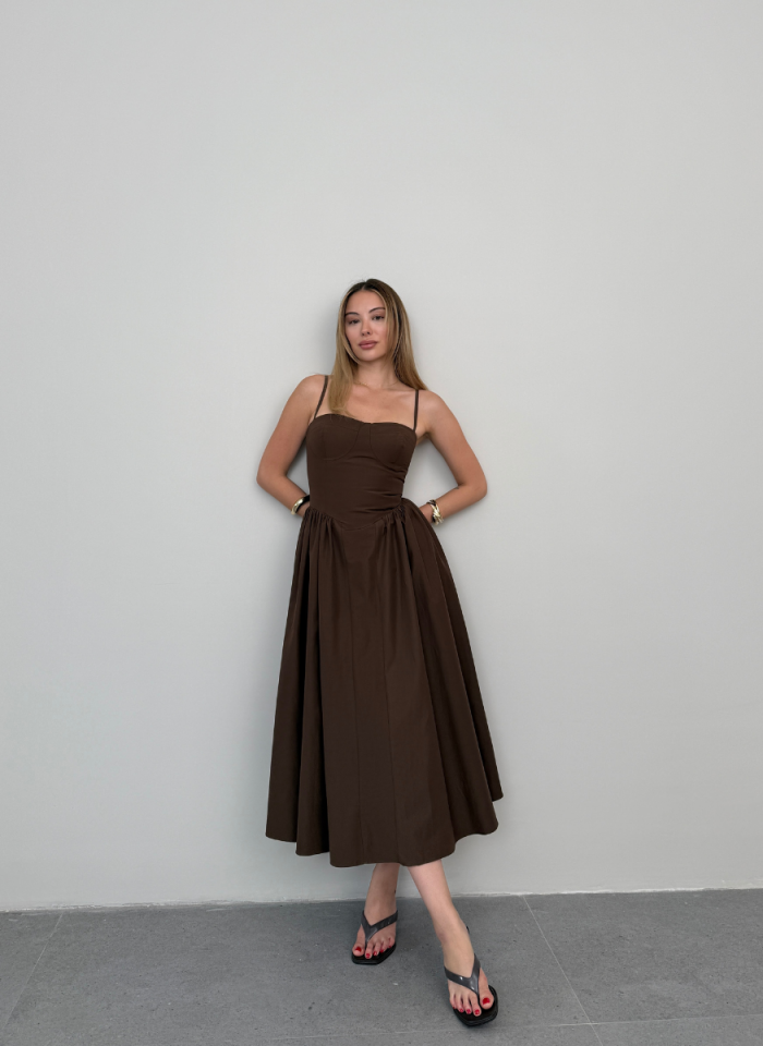 KAHVE POPLİN ELBİSE