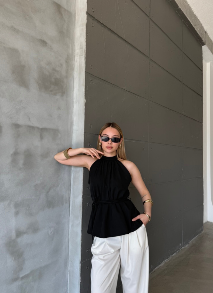HALTER YAKALI BELİ BAĞLAMALI BLUZ