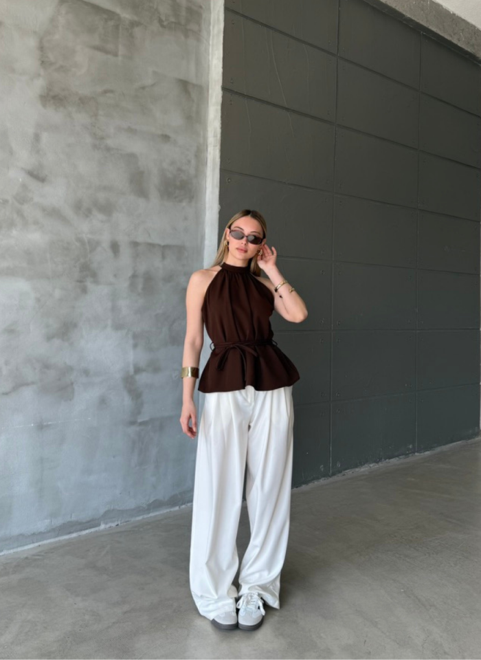 HALTER YAKALI BELİ BAĞLAMALI BLUZ