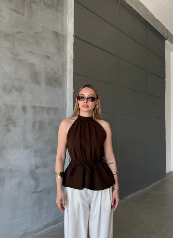 HALTER YAKALI BELİ BAĞLAMALI BLUZ