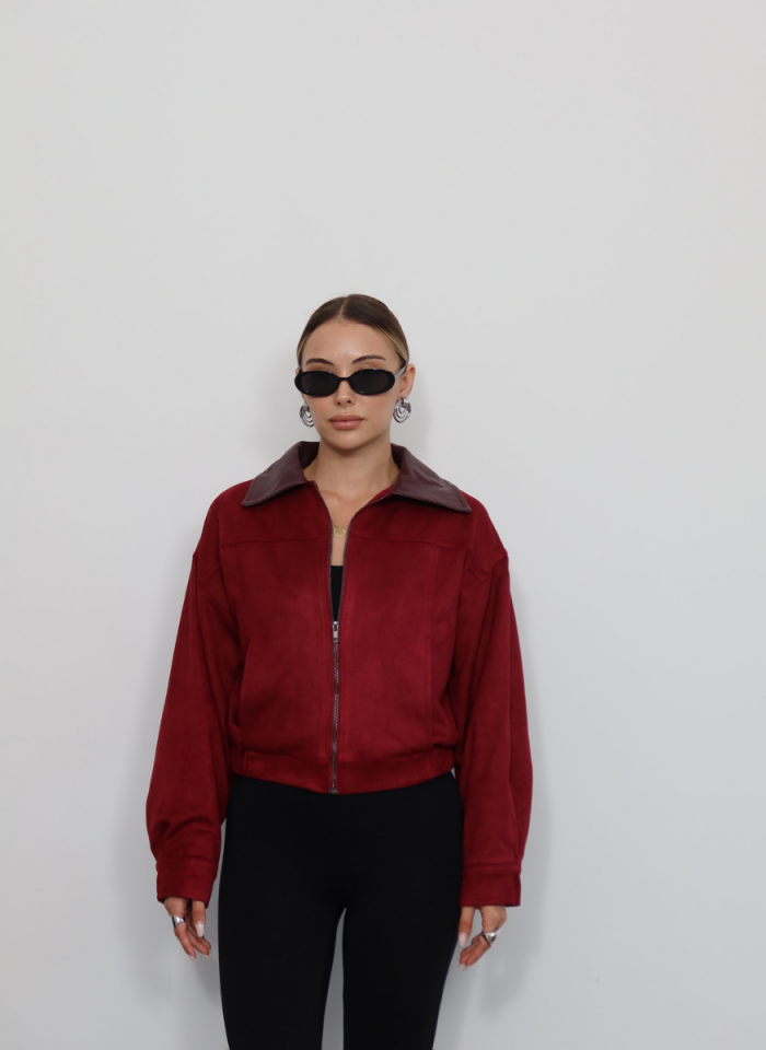 BORDO DERİ YAKALI SÜET BOMBER