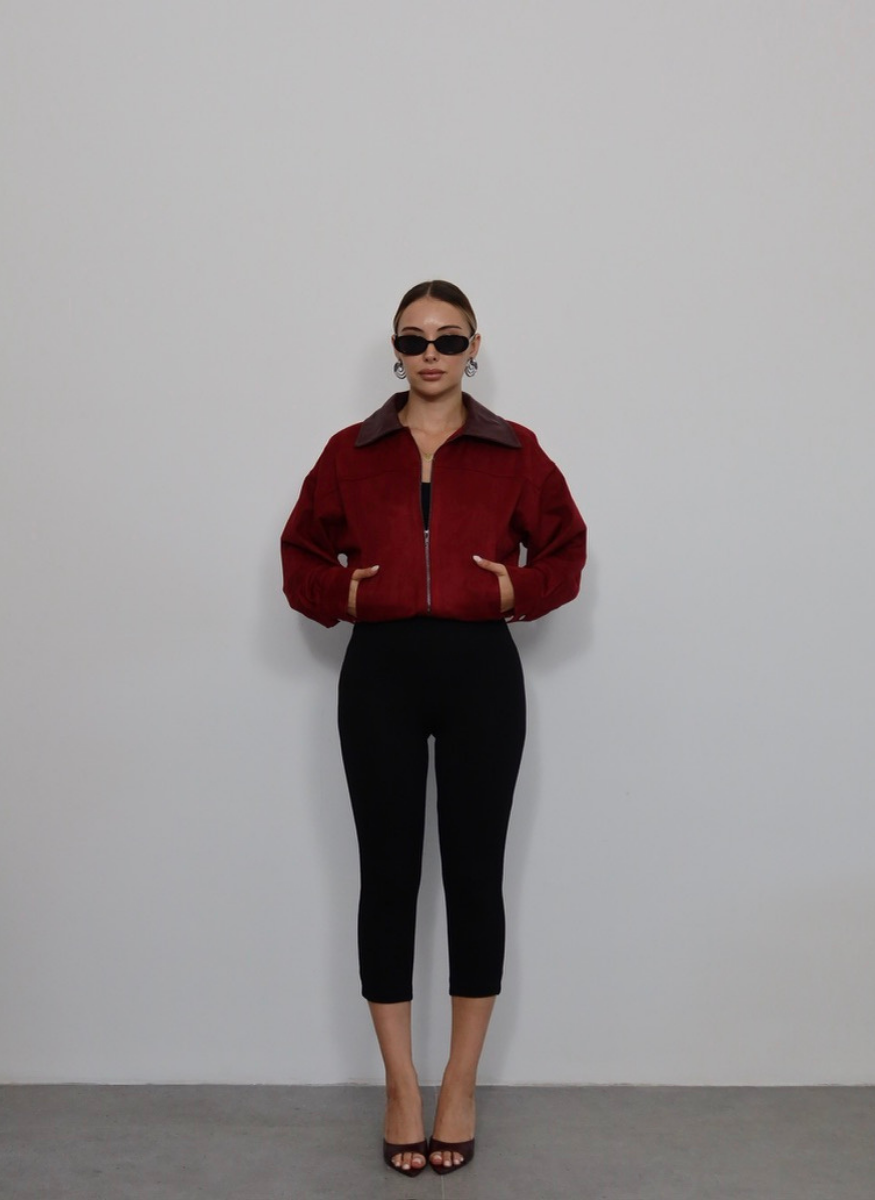 BORDO DERİ YAKALI SÜET BOMBER