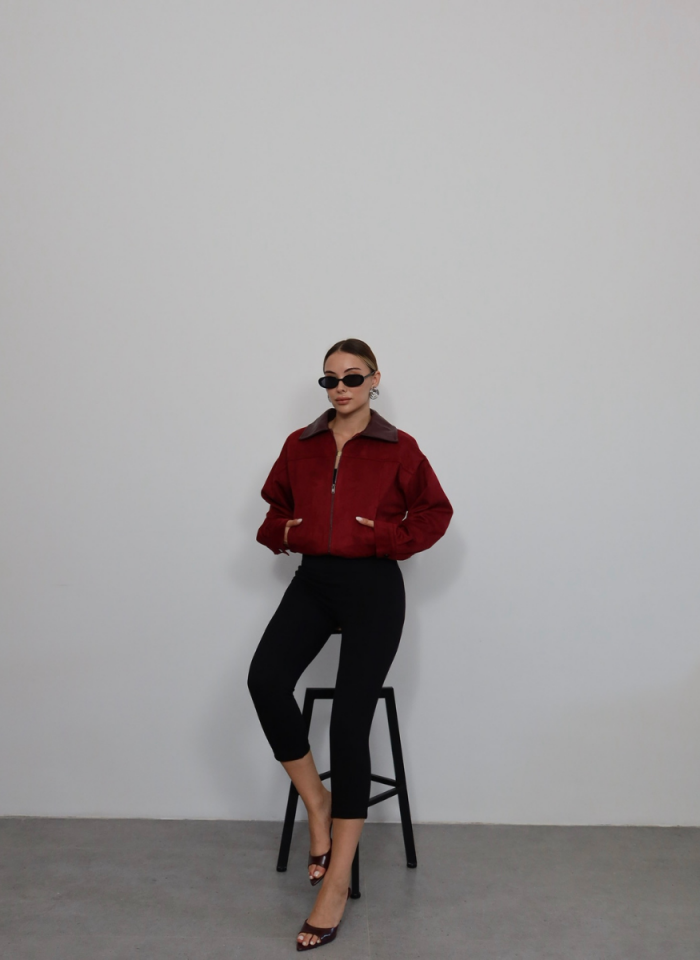 BORDO DERİ YAKALI SÜET BOMBER