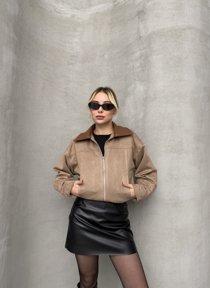 VİZON DERİ YAKALI SÜET BOMBER