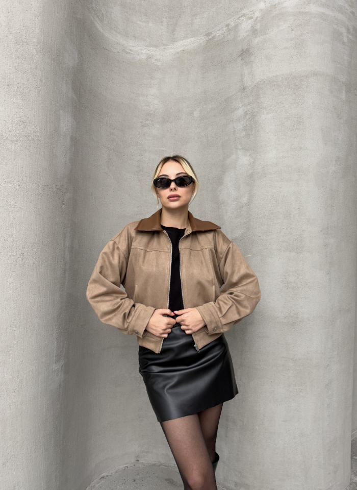 VİZON DERİ YAKALI SÜET BOMBER