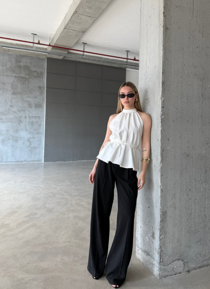 HALTER YAKALI BELİ BAĞLAMALI BLUZ