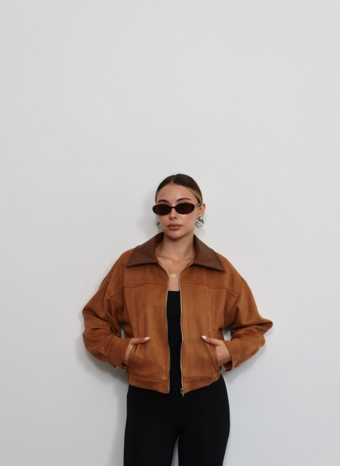 TABA DERİ YAKALI SÜET BOMBER