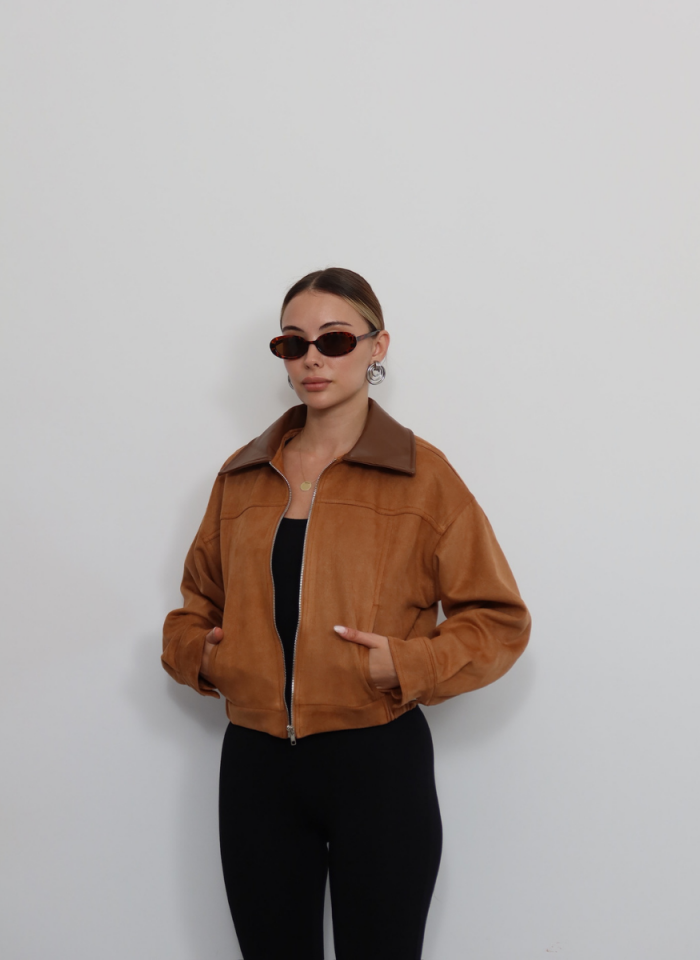 TABA DERİ YAKALI SÜET BOMBER